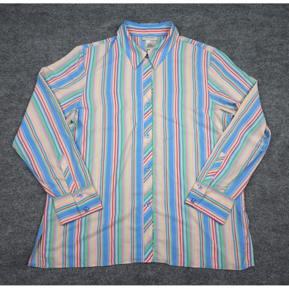 Natori Top Shirt Women's Medium Striped Multi Button Up Long Sleeve